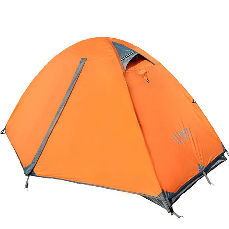 Double layer rainproof camping tent in green, orange, and blue for outdoor adventures