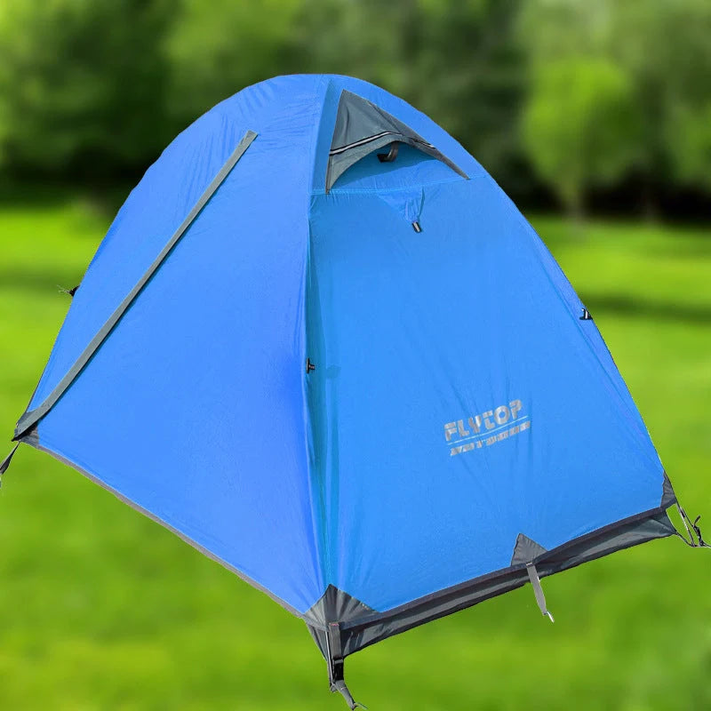 Double layer rainproof camping tent in green, orange, and blue for outdoor adventures