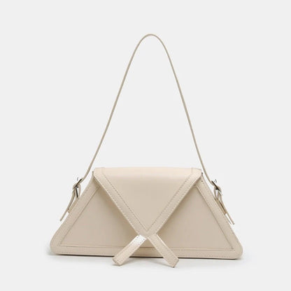 Stitching contrast trapezoid shoulder bag in black, beige, blue, and orange
