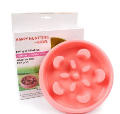 Anti-choke plastic dog bowl in pink, blue, green, and yellow