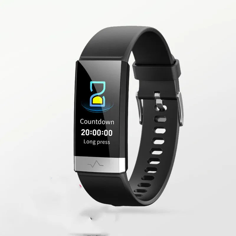 V19 smart bracelet with health monitoring display showing ECG, PPG and SpO2 metrics
