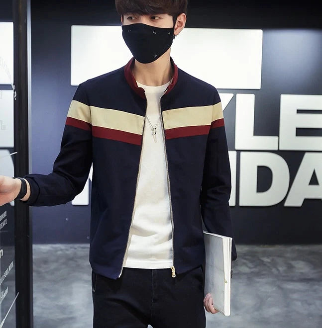 Men's Korean-style single-breasted casual jacket in cotton, available in green and blue