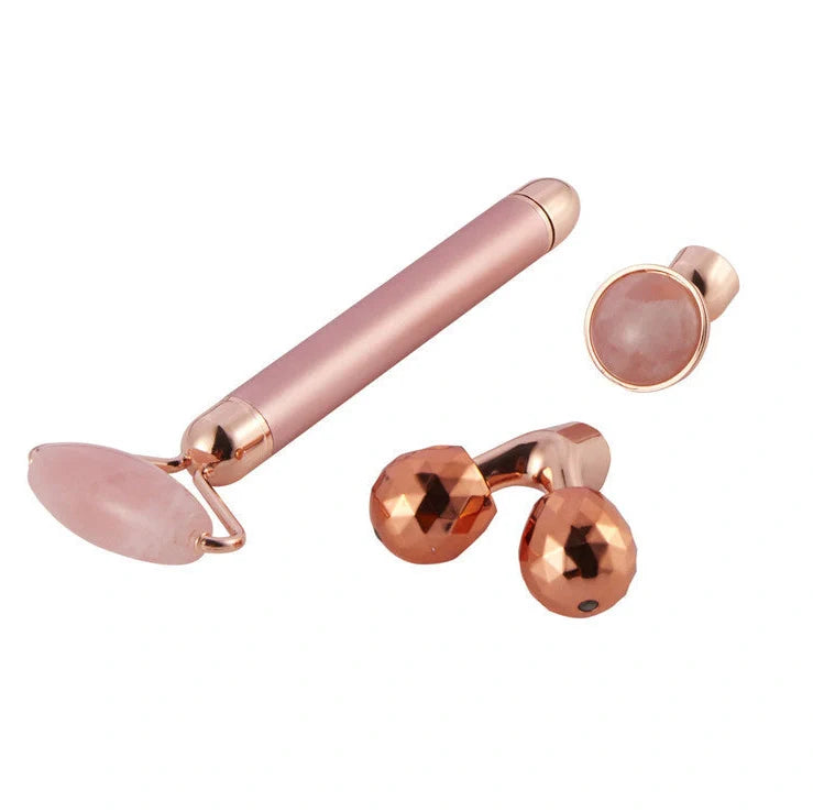 3-in-1 vibrating facial jade roller set with rose quartz stone and 3 replaceable heads