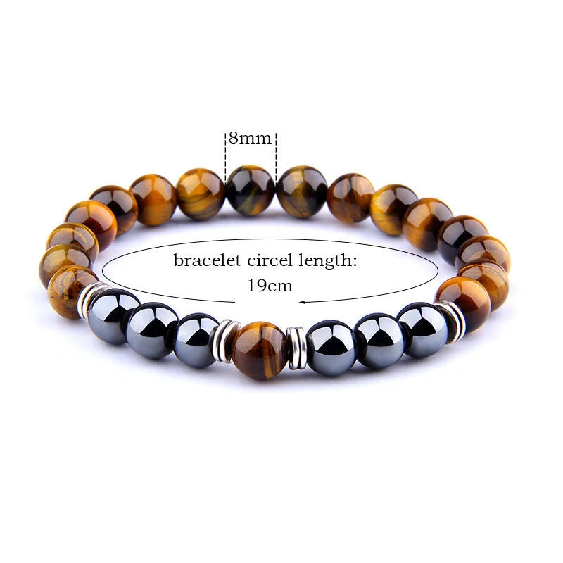 Yellow Tiger Eye Bracelet with obsidian alloy separators, elastic design for comfort