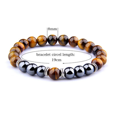 Yellow Tiger Eye Bracelet with obsidian alloy separators, elastic design for comfort