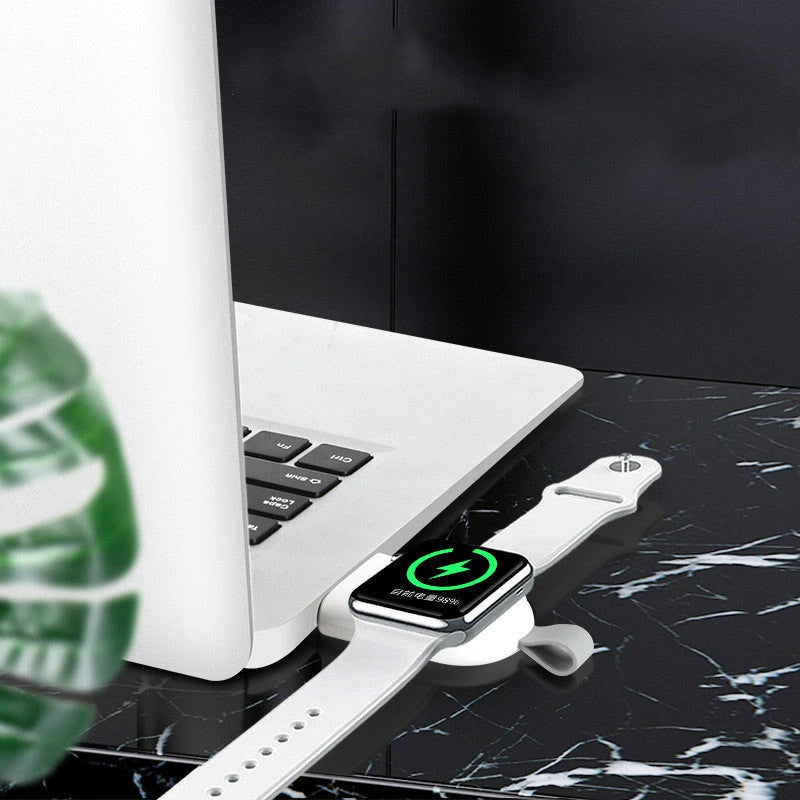 Apple-Compatible Magnetic Wireless Charger for iWatch, featuring a sleek, white design and USB port.