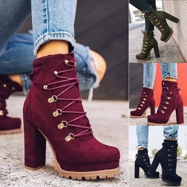 Women's suede high heel ankle boots with thick block heel and waterproof platform sole in army green colour
