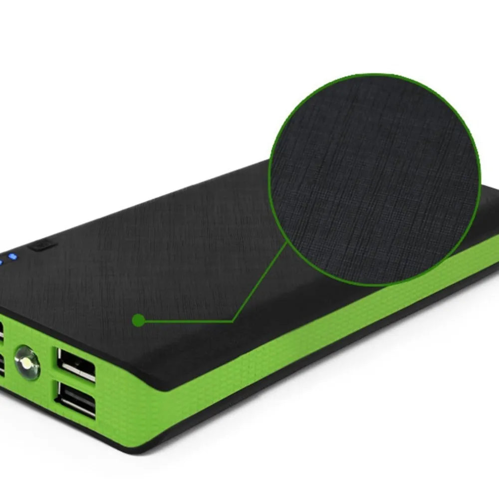A 20000mAh portable power bank in multiple colours, showing its compact size and fast-charging ports.