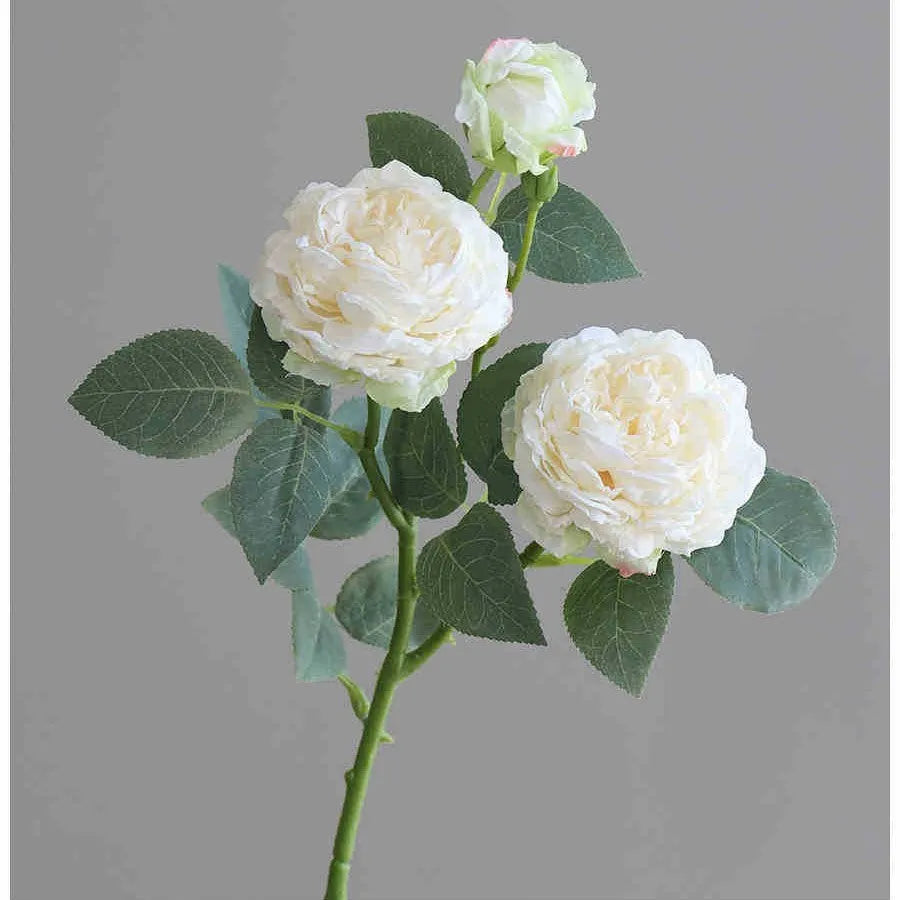 Three-head artificial silk rose with baked edge finish in beige for wedding decor and home decoration