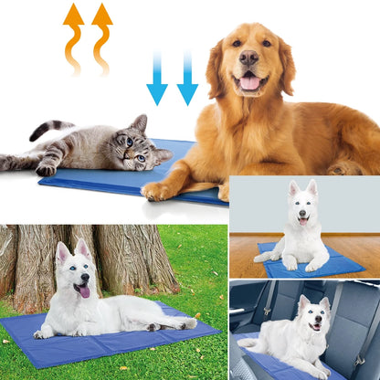 Blue dog cooling mat with pressure-activated technology for summer comfort