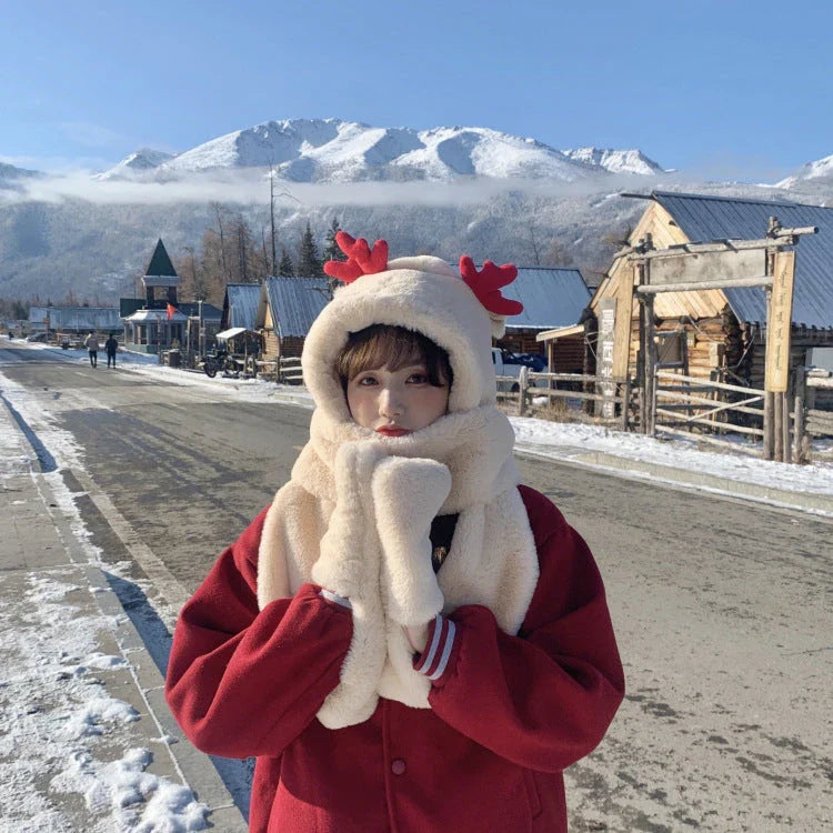 Kawaii winter scarf set with hat and gloves in grey, milky white, and light khaki