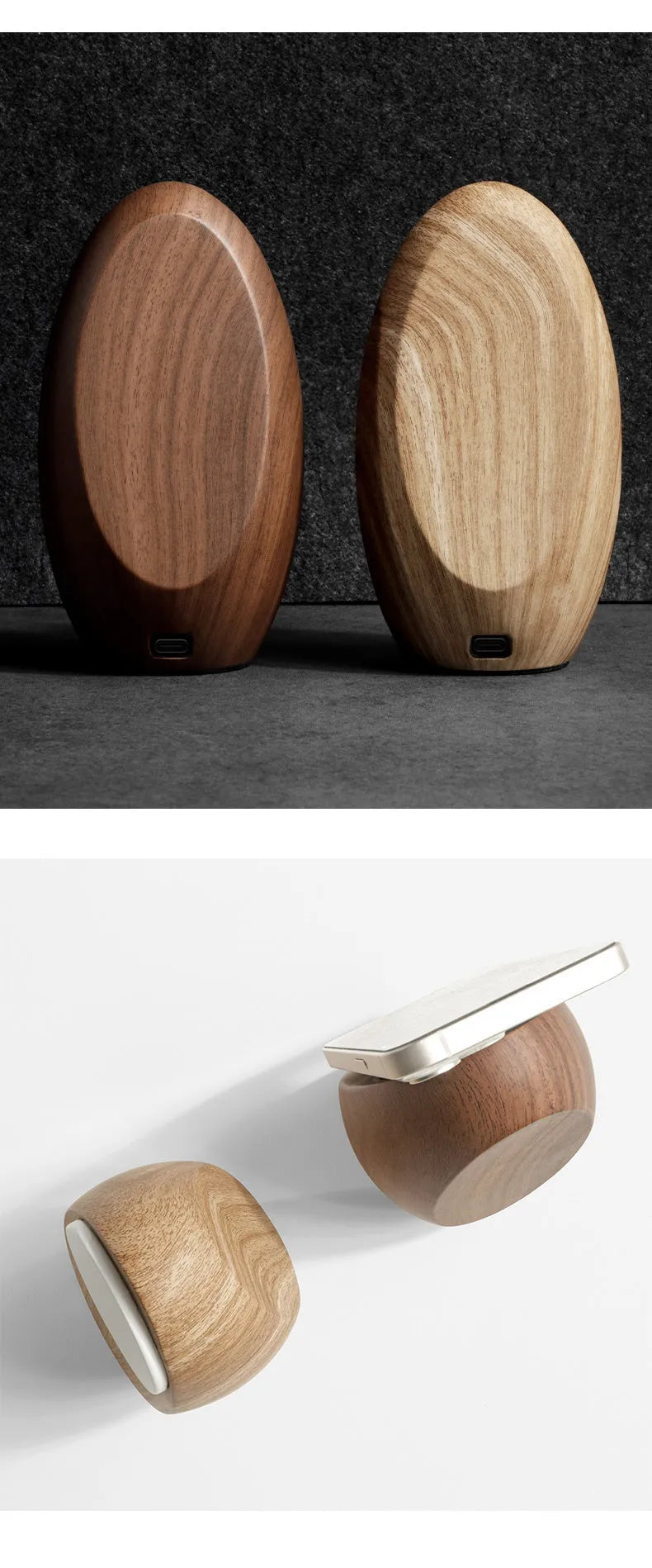 Creative MagSafe magnetic phone holder wireless charger in walnut resin finish on desk