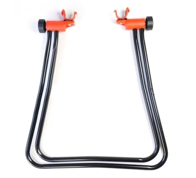 Black foldable aluminium bicycle repair rack with chain stay mounts and adjustable height for 20-29 inch bikes