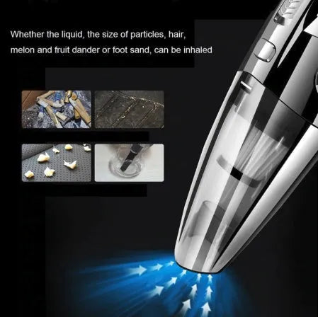 Black cordless handheld car vacuum cleaner with attachments on a grey surface