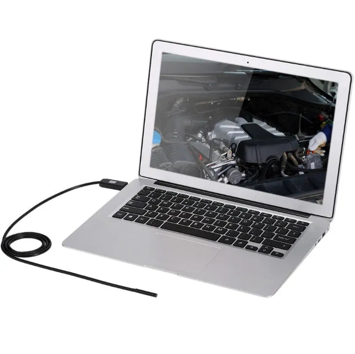 OWSOO USB endoscope with flexible cable, camera head, LED lights, hook, magnet, and mirror for phone and computer inspection.