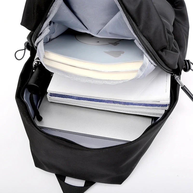 Durable nylon backpack in black and light grey with adjustable straps