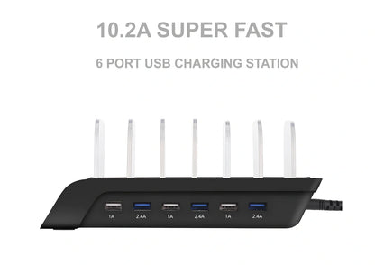 Six-port USB mobile phone charging stand with black finish showing six device slots and 150cm power cord