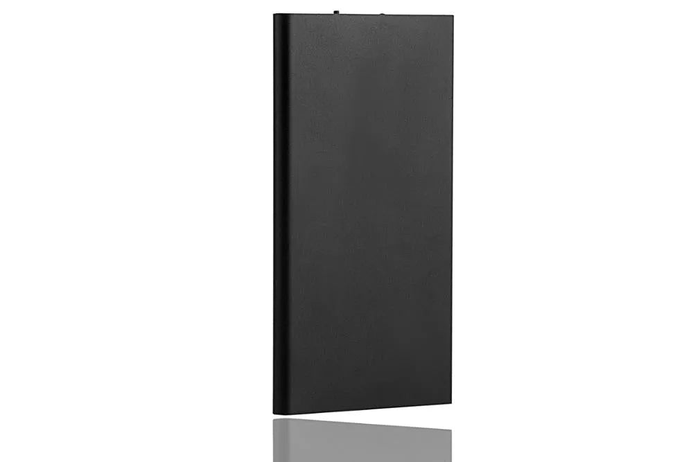 Grey power bank with multi-interface ports and alloy shell on white background
