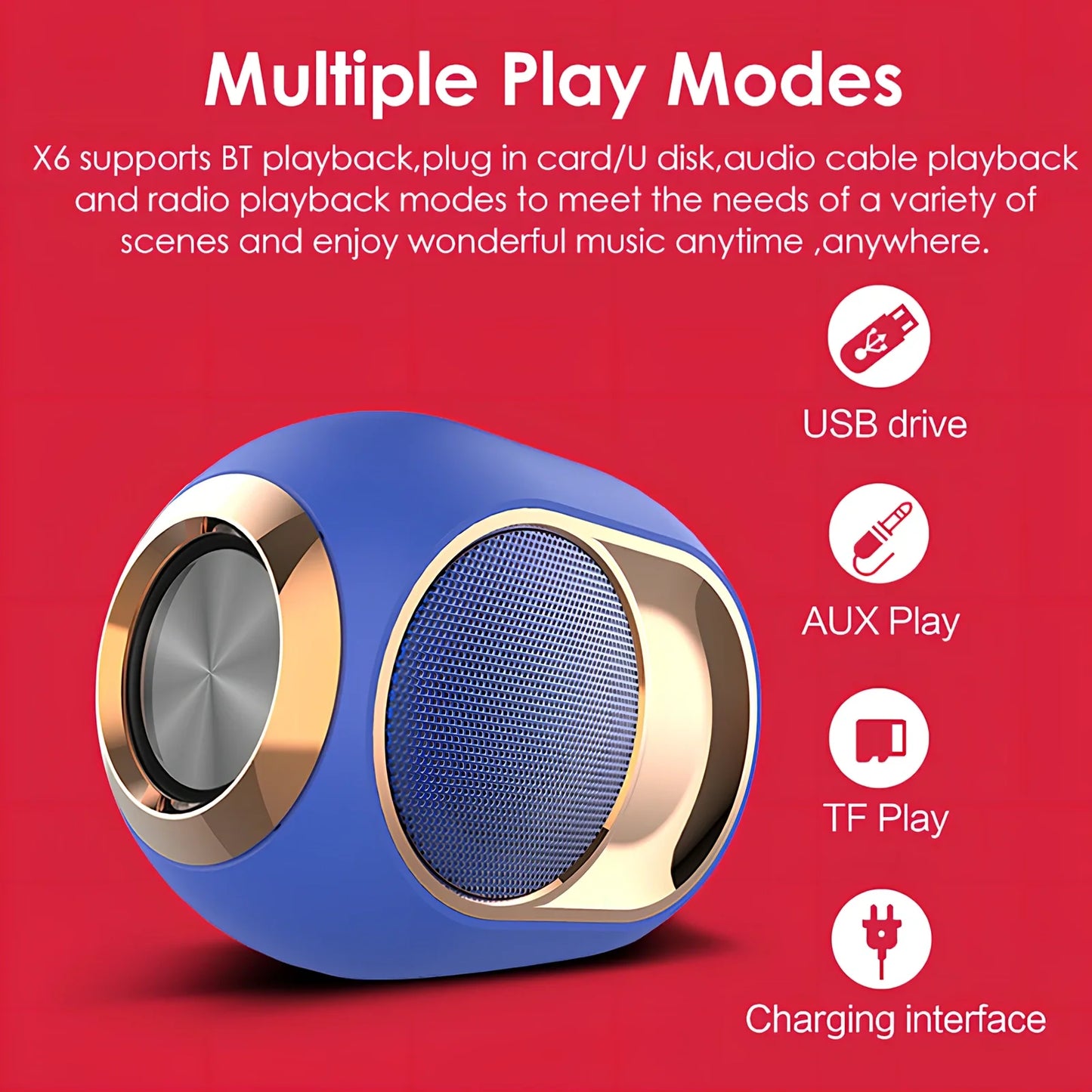 X6 Bluetooth speaker in black with 5W subwoofer, USB port, and 1200mAh battery for wireless audio