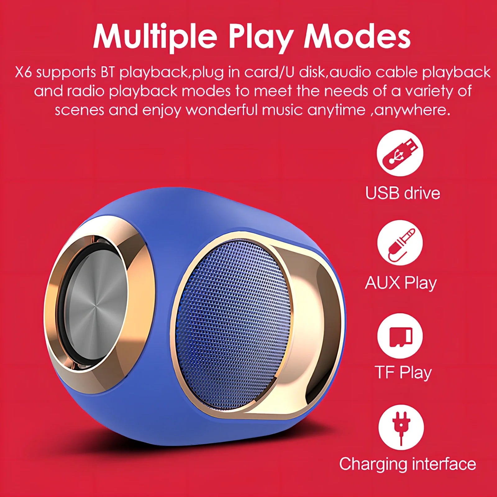 X6 Bluetooth speaker in black with 5W subwoofer, USB port, and 1200mAh battery for wireless audio