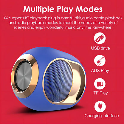 X6 Bluetooth speaker in black with 5W subwoofer, USB port, and 1200mAh battery for wireless audio