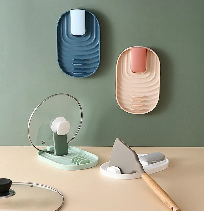 Nordic Pan Cover Storage Rack in Nordic Green, foldable wall-mounted organiser for pot lids and cooking spoons