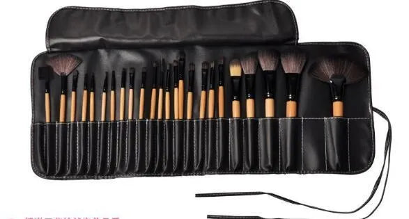 24 professional makeup brushes with wooden handles in a black PU carrying case