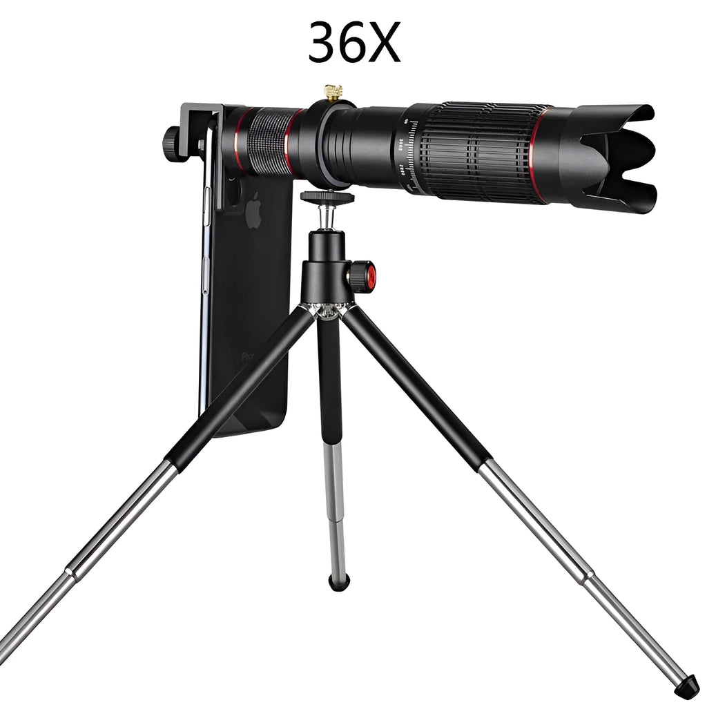 Black 36x telephoto mobile phone telescope with universal clip and carrying pouch on a table.