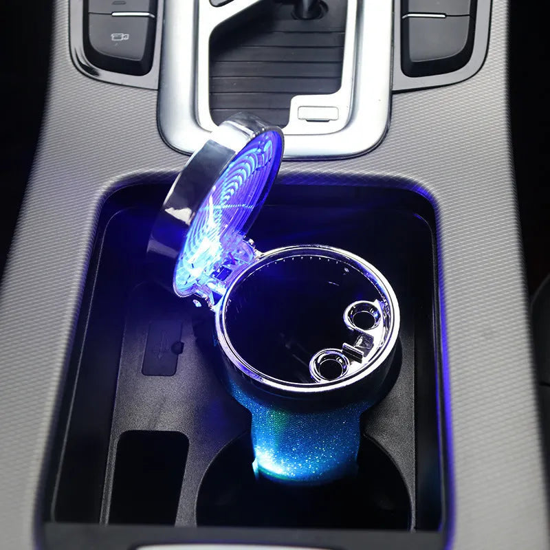 Silver car ashtray with RGB LED light, compact size 10x8x6cm, flame-retardant ABS construction
