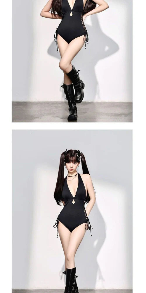 Black women's one-piece swimsuit with V-neck design and hollow straps, polypropylene fibre fabric