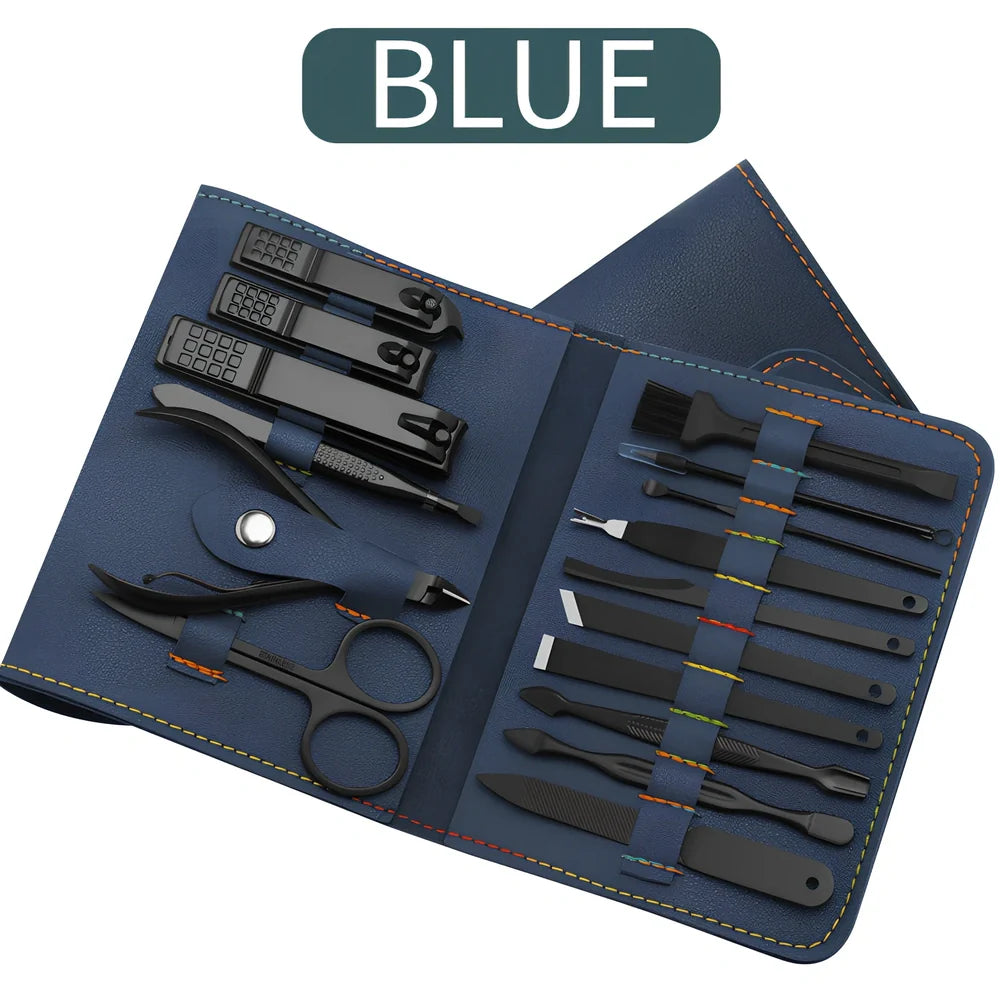 16-piece stainless steel manicure pedicure grooming kit in brown PU leather case with nail clippers and tools