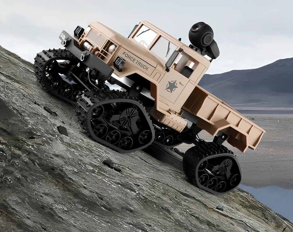 Army green 2.4G four-wheel drive snow truck RC car, 33.8cm long with front lights and 3kg load capacity