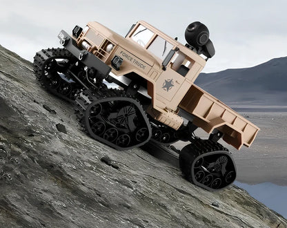 Army green 2.4G four-wheel drive snow truck RC car, 33.8cm long with front lights and 3kg load capacity