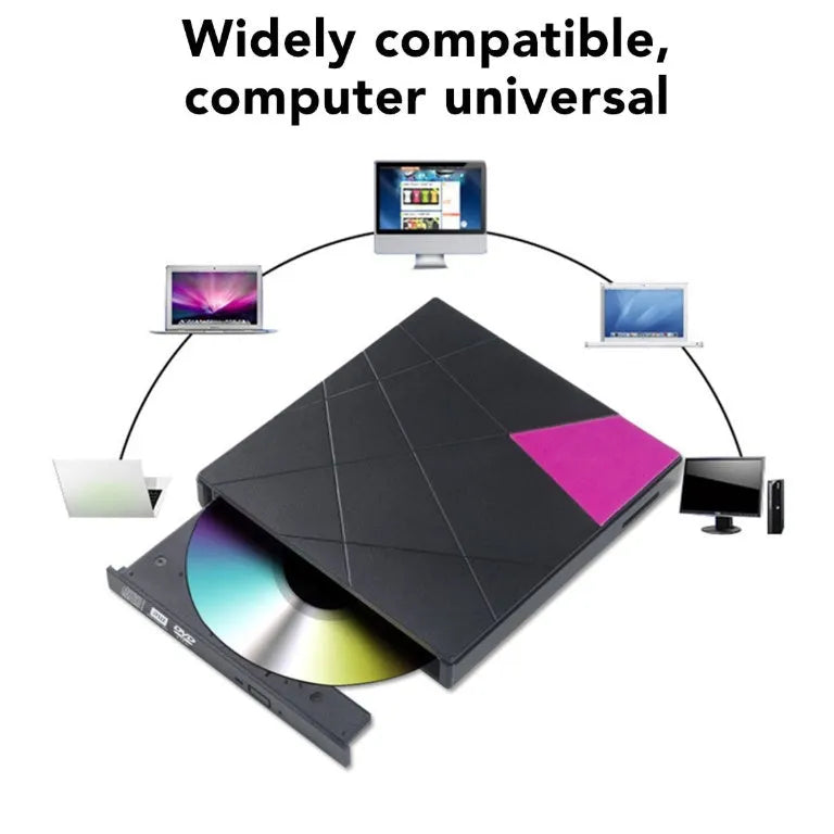 USB external DVD burner with card reader in rose gold, compact 152x142x20mm size