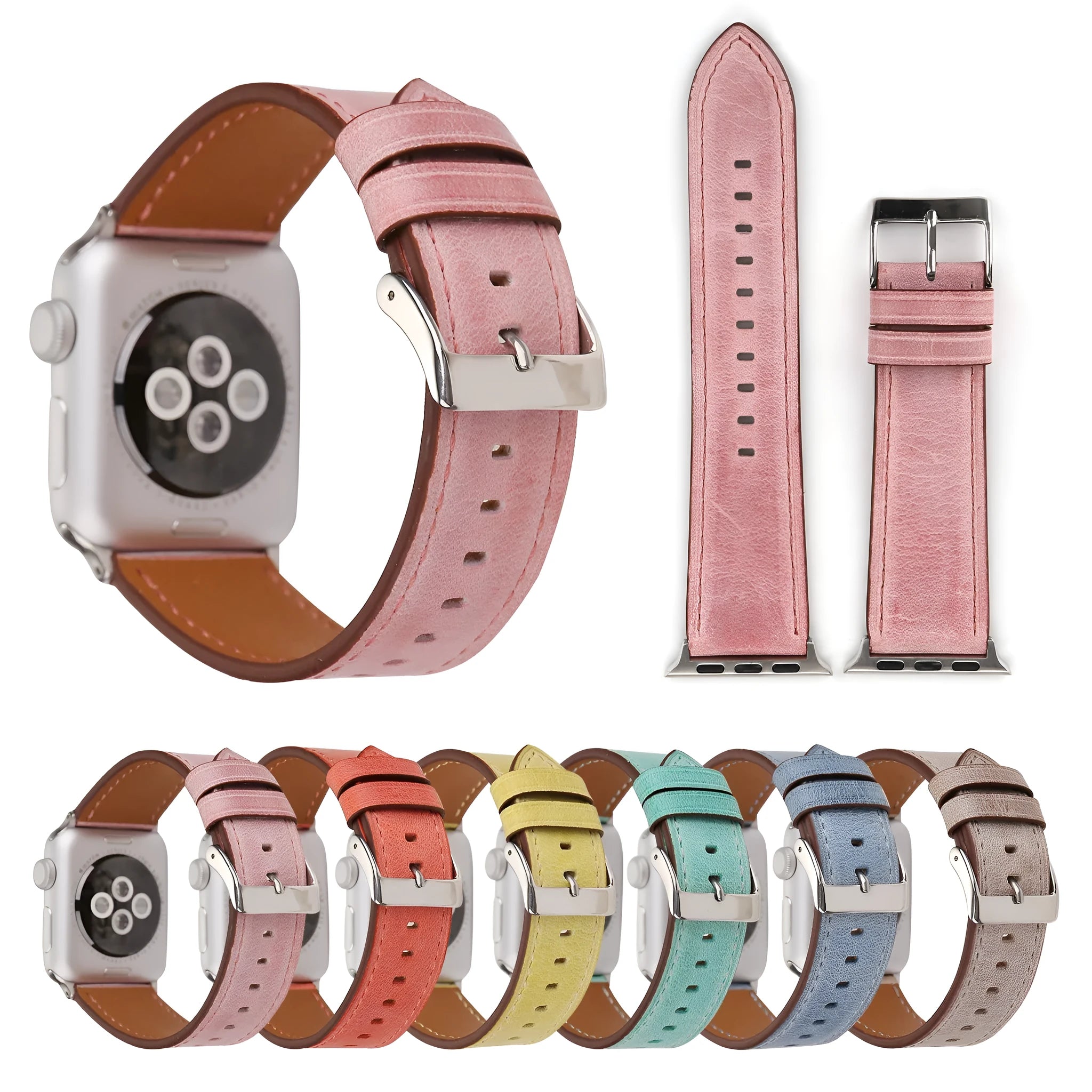 Genuine leather watch strap with folding buckle in blue, shown in 38mm width.