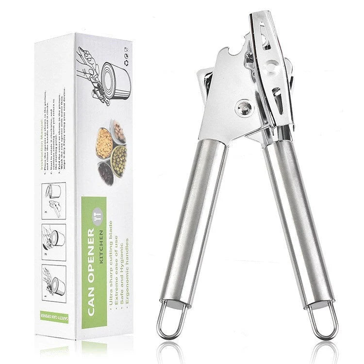 Stainless steel can opener with universal packaging options for easy kitchen use