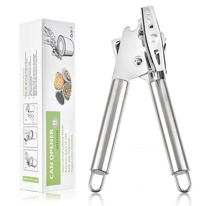 Stainless steel can opener with universal packaging options for easy kitchen use