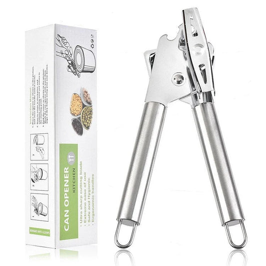 Stainless steel can opener with universal packaging options for easy kitchen use