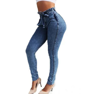 Women's fringed jeans in cowboy denim showing raw hem detail, available in grey, dark blue, and light blue.