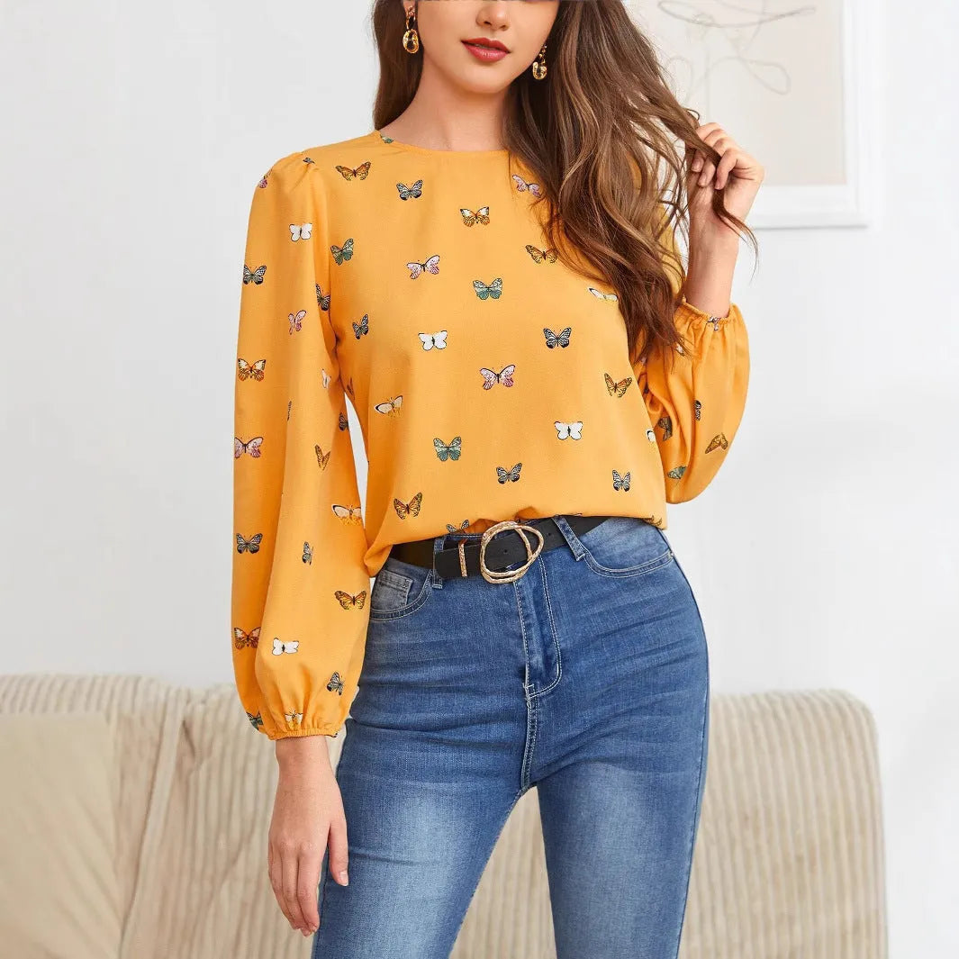 Women's green long-sleeved shirt with white butterfly print, loose fit