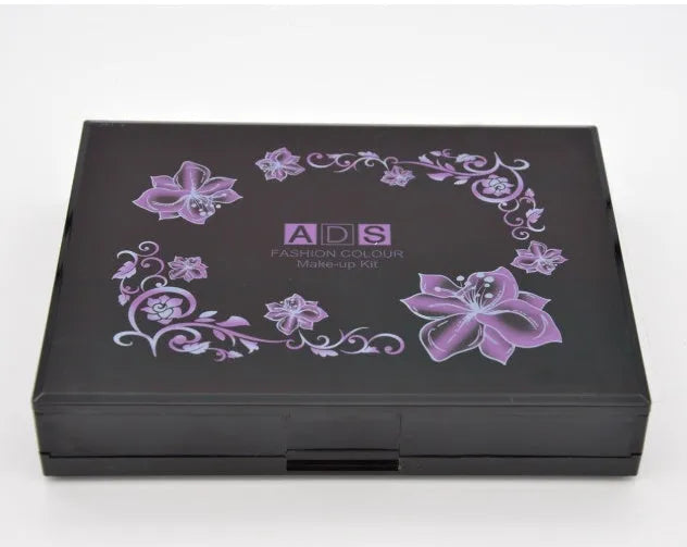 Three-layer makeup box set with 24 eyeshadow colours, 8 lipsticks, blushes, powder cakes, brushes, puff, and mirror