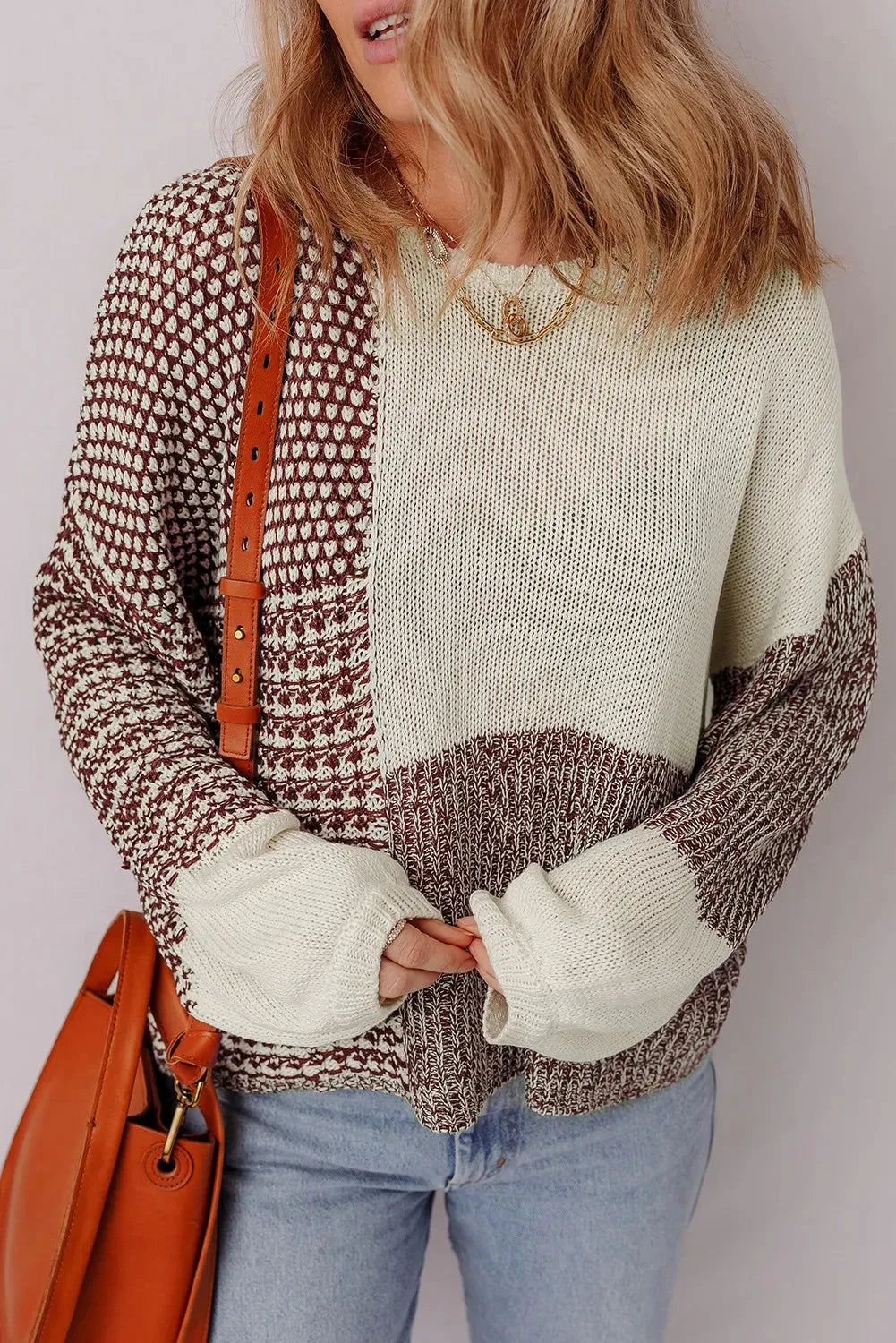 Dark khaki colour block loose sweater with long sleeves, dropped shoulders, and a back tie.