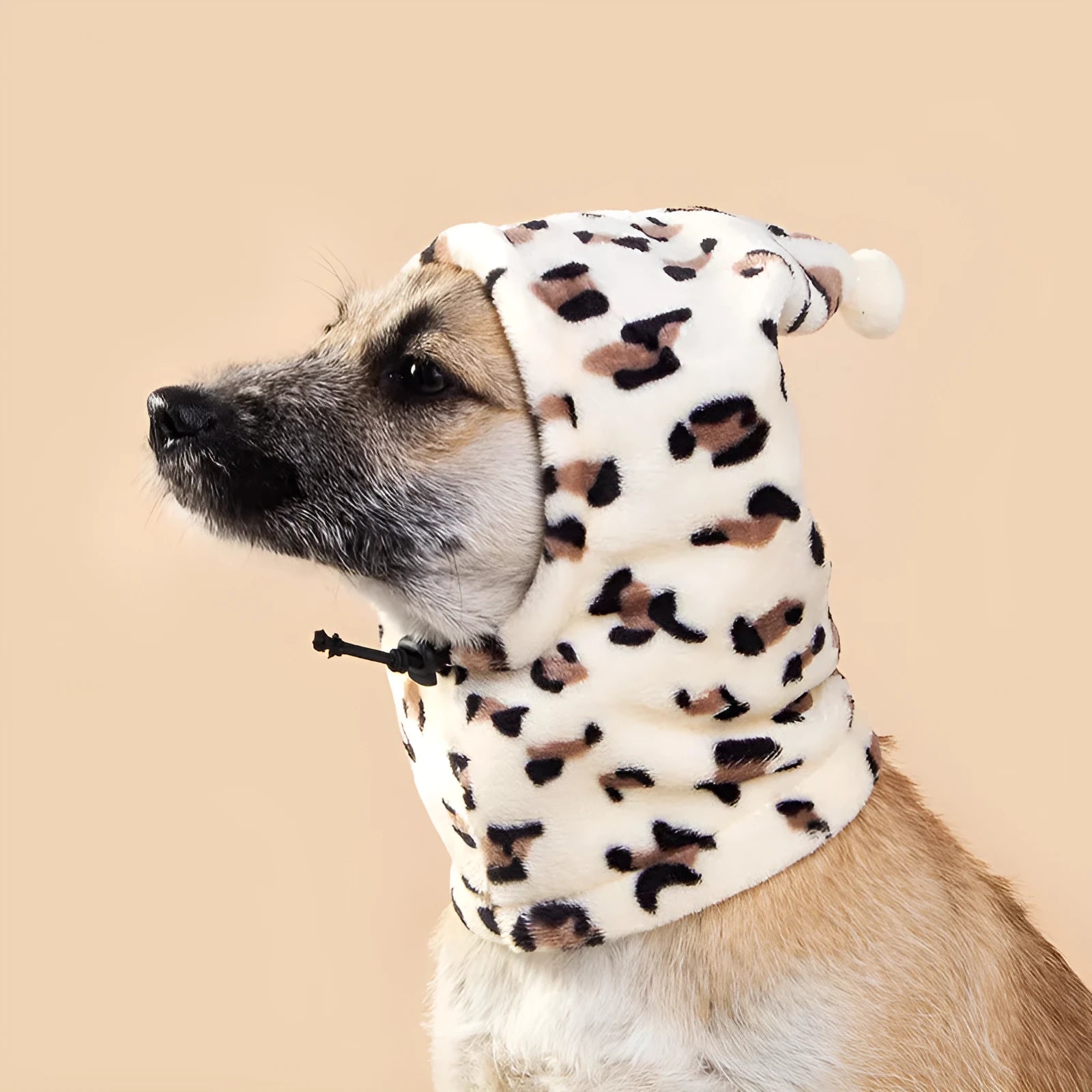 A black cloth bear headdress with rabbit ears for a dog or cat, showing adjustable sizing.