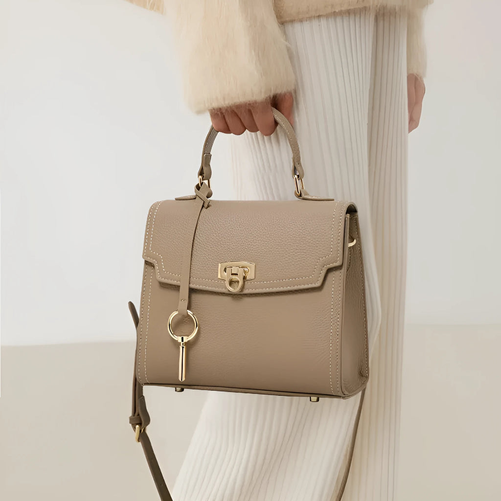 Elephant grey genuine leather vintage handbag with litchi pattern lock and file bag internal structure