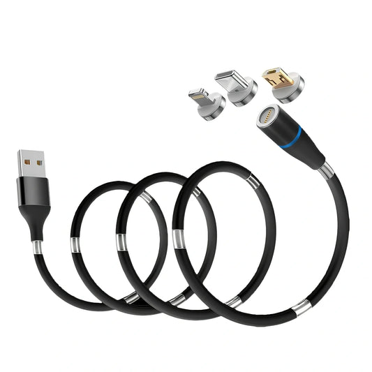 Black 3A magnetic fast charging data cable with Type-C and Apple heads, 1.8m length for iPhone and Android