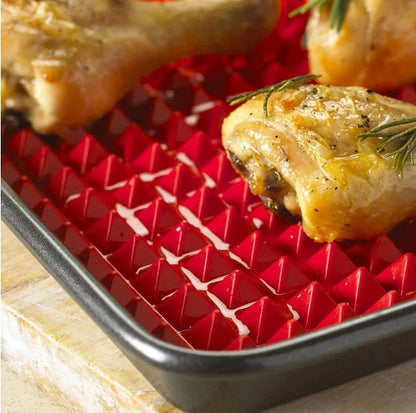 Red silicone pyramid cooking mat with grid for oven and BBQ, 39.5x27.5x1cm