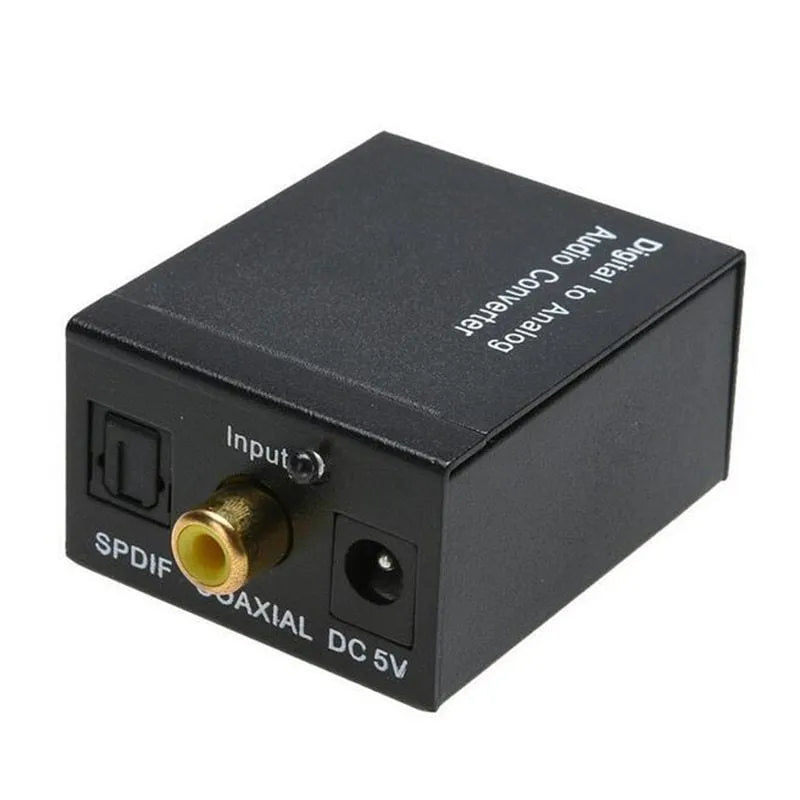 Black digital to analogue audio converter with Toslink and RCA inputs for optical and coaxial signal conversion