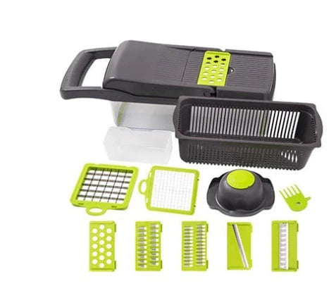 Versatile vegetable slicer with interchangeable blades for slicing, dicing, and shredding a variety of fruits and vegetables