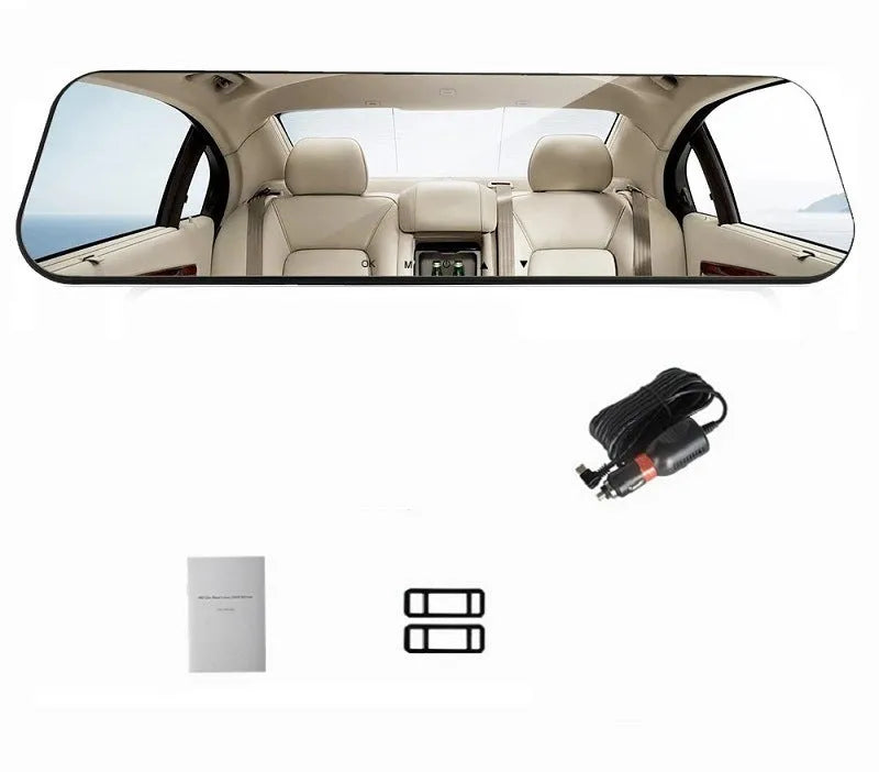 White glass mirror driving recorder with 140 degree angle mounted over car rearview mirror