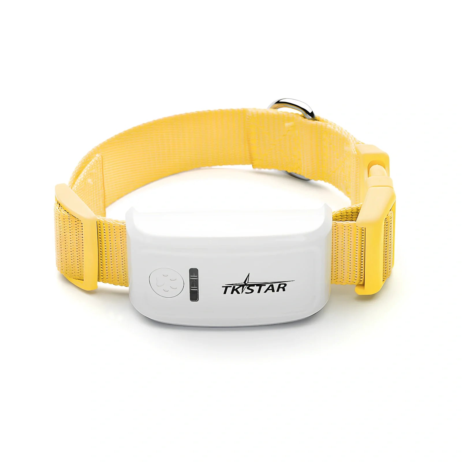 Black cat GPS tracker device with collar attachment showing 44g weight and waterproof design